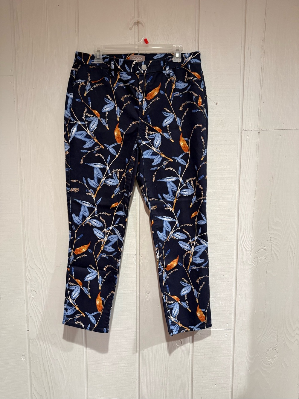 Chico's Navy Floral Print Chinos with Blue and Orange Leaves